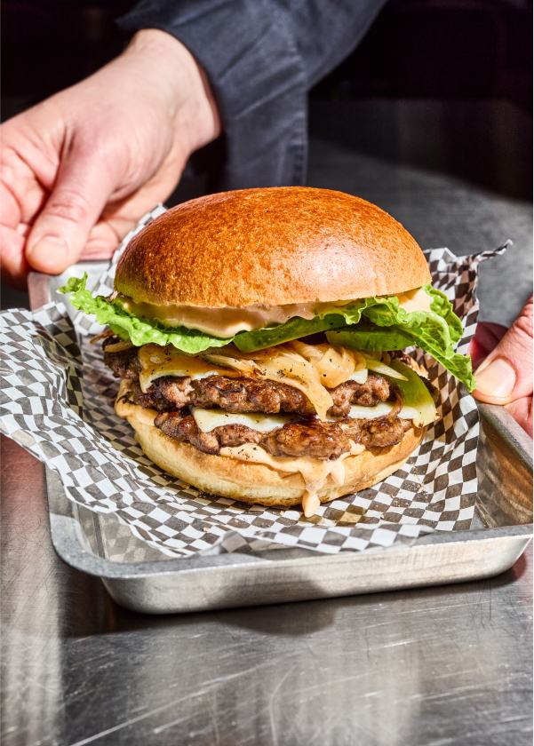 A burger in a tray